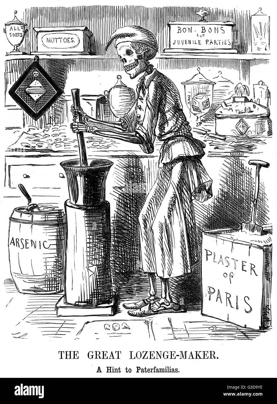 Die große Raute-Maker - ein Hinweis auf Paterfamilias.  Cartoon von John Leech in Anspielung auf die Bradford Sweet Vergiftungen von 1858, Punch, dargestellt durch ein Skelett des Todes mischen Süßigkeiten aus Gips und Arsen.  Die 1858 Bradford Süßigkeiten poi Stockfoto