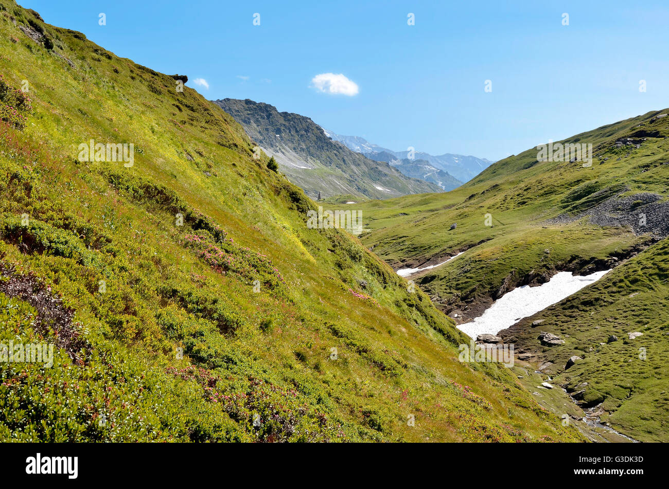 Tal am Col du Petit-Saint-Bernard (kleine St.-Bernhard-Pass), die Region Rhône-Alpes in Frankreich. Stockfoto