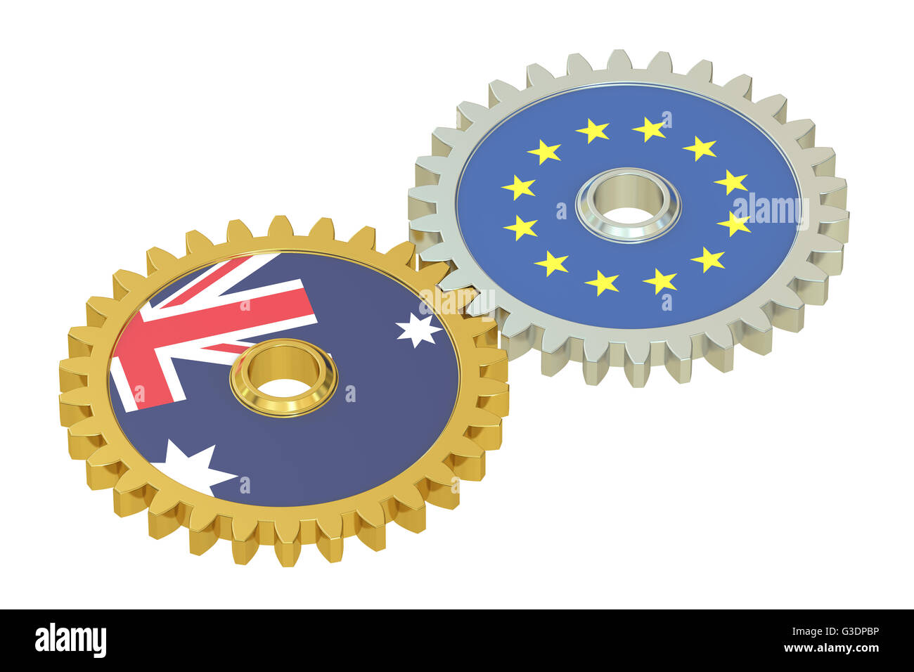 Australien und EU-Flaggen auf ein Getriebe, 3D-Rendering isolierten auf weißen Hintergrund Stockfoto