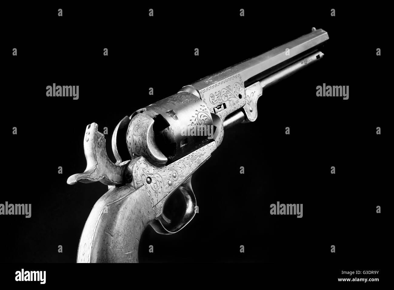 Die Waffe, die der wilde, Six Shooter in schwarz und weiß Westen. Stockfoto