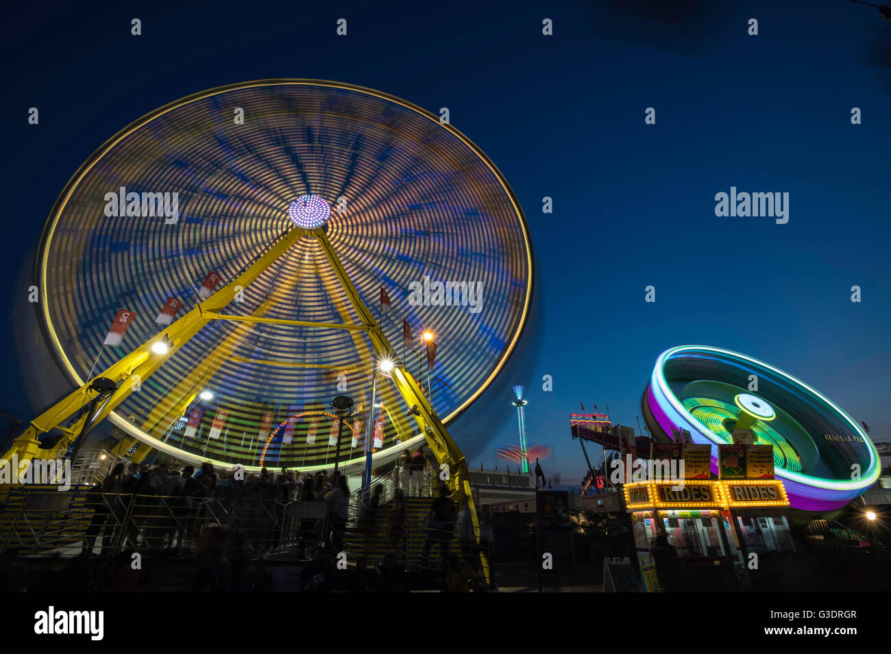 Riesenrad und andere Fahrten bei Nacht, Calgary Stampede Midway, Calgary, Alberta, Kanada Stockfoto
