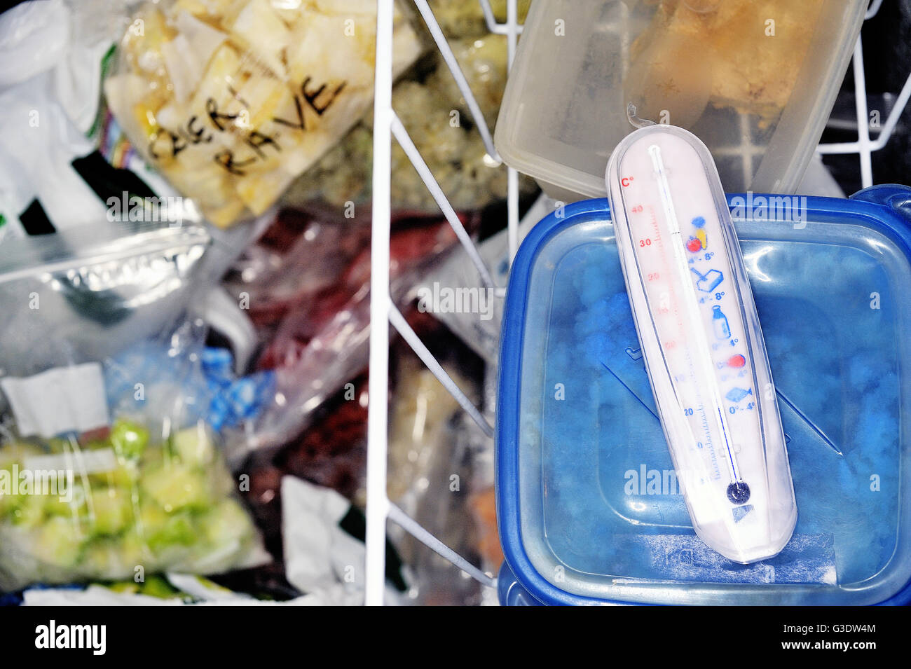 Gefrierschrank mit Thermometer zur Temperaturkontrolle eröffnet Stockfoto