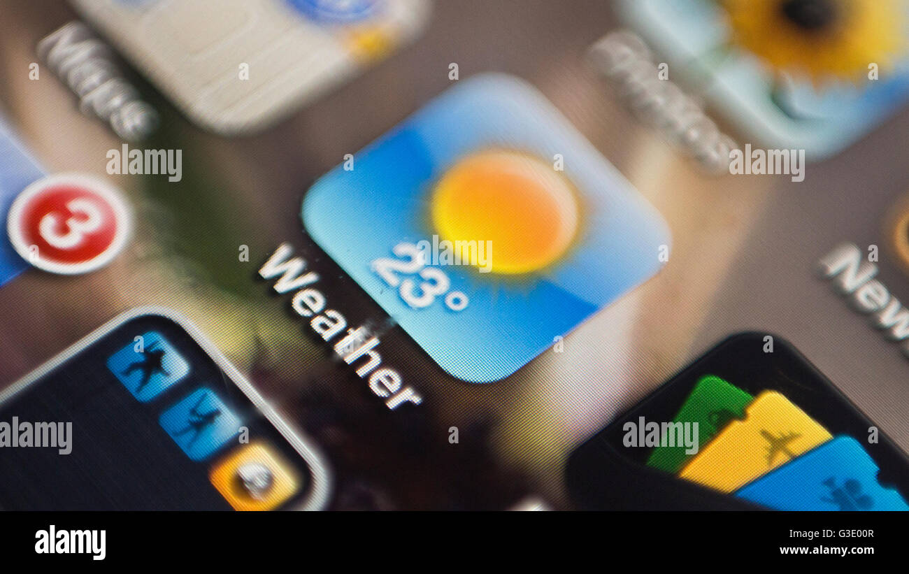 A. Nahaufnahme einer Wetter-App Symbol auf einem Tablettgerät. Stockfoto