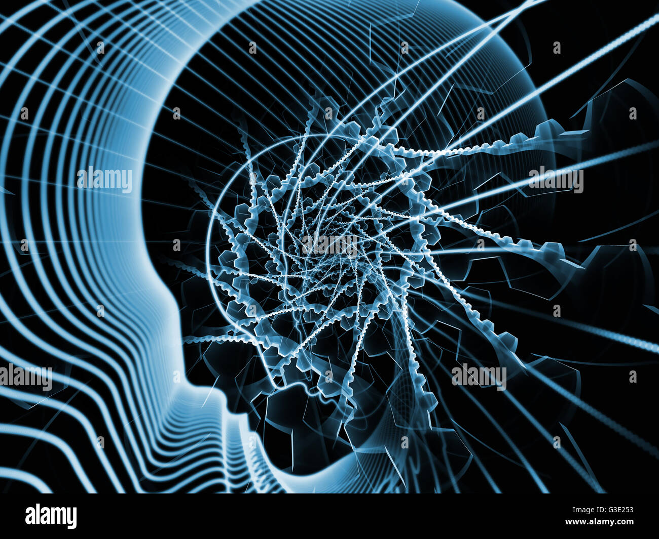 Saiten der Seele Gears of Mind-Serie. Hintergrund der menschlichen Profile und fraktalen Linien zum Thema Ment, Grund, Geist und Seele Stockfoto