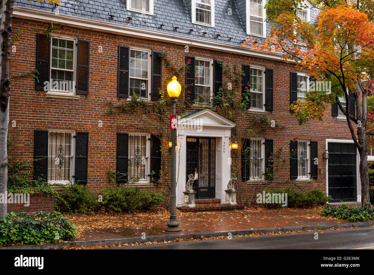 Elegantes Backsteinhaus an einer von Bäumen gesäumten Straße mit dekorativer Straßenlaterne in der wohlhabenden Gegend von Georgetown, Washington DC, USA Stockfoto