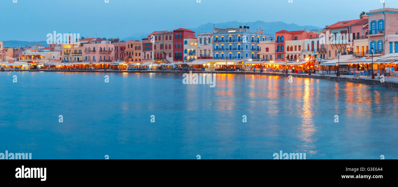 Panorama alte Hafen, Chania, Kreta, Griechenland Stockfoto