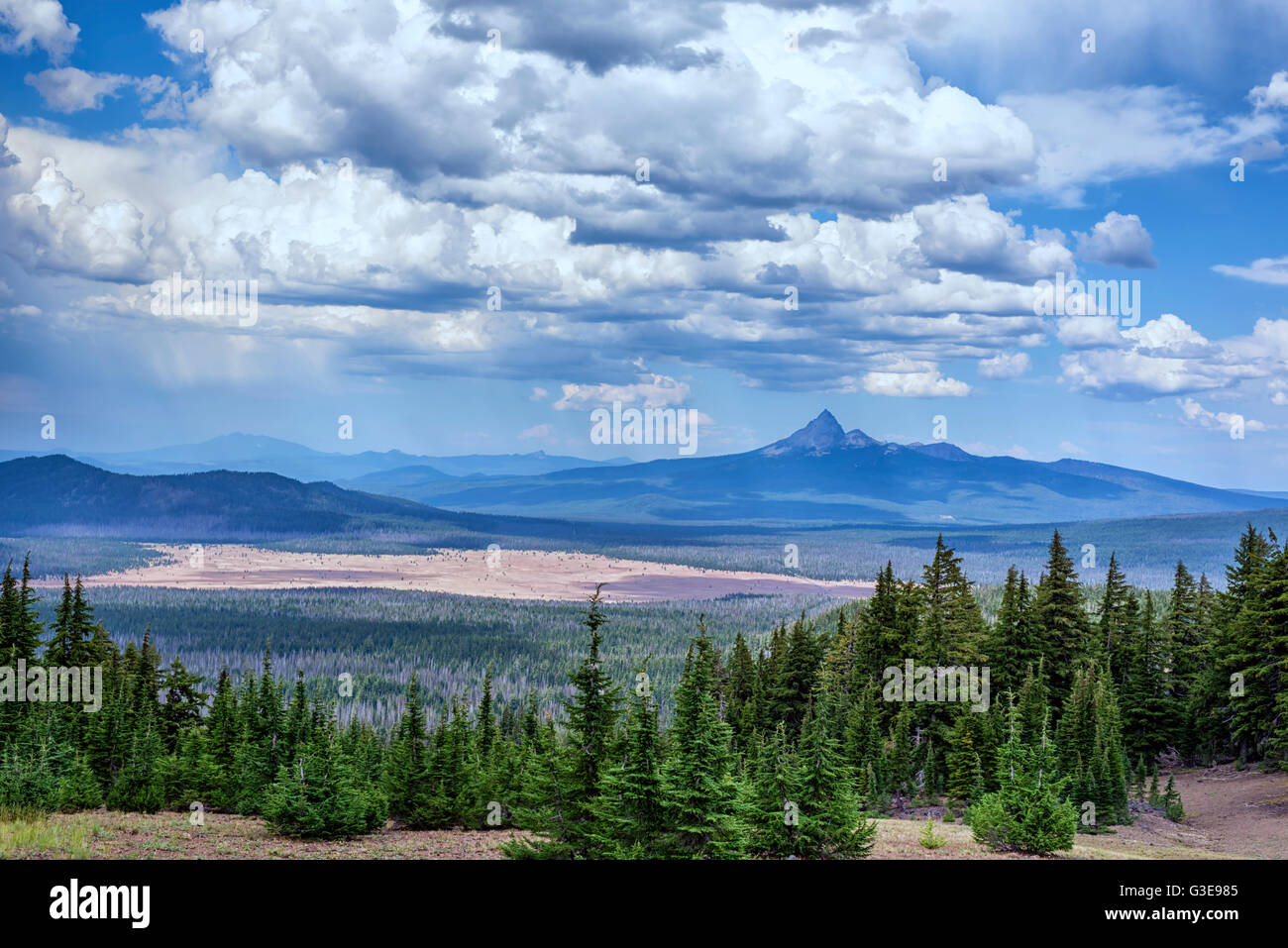 Landschaft, Pinien, Wolken. Crater Lake Nationalpark, Oregon, USA. Stockfoto