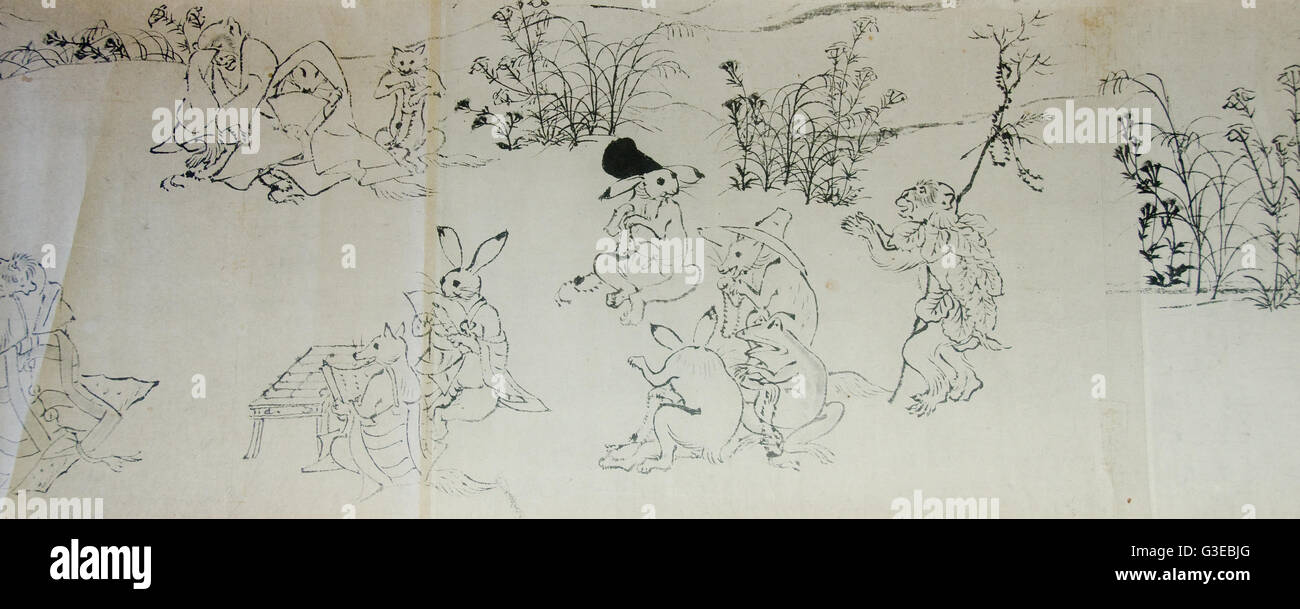 Chōjū Jinbutsu Giga Bild scrollen mit Tuschemalerei und tierische Karikaturen Stockfoto
