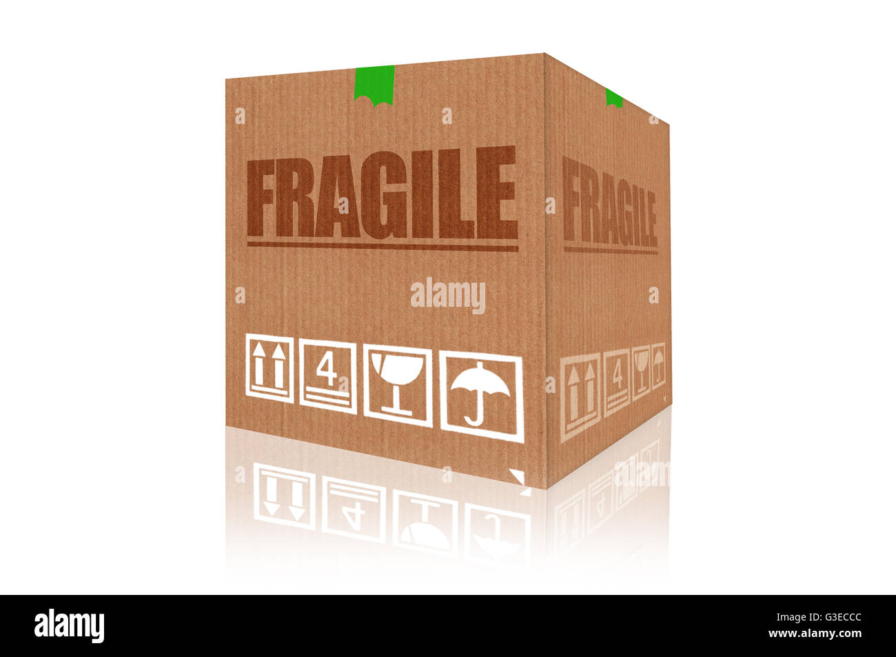 Fragile Karton 3D-Rendering isoliert auf weißem Hintergrund Stockfoto