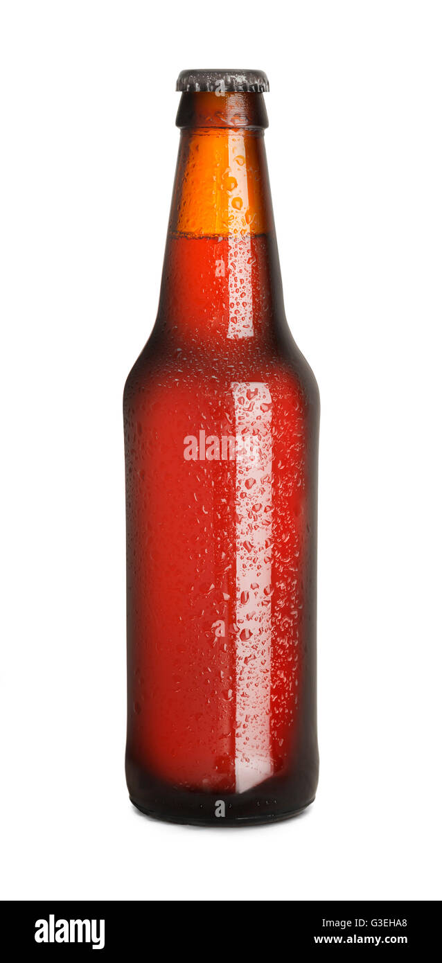 Volle Flasche Bier mit Kondensation, Isolated on White Background. Stockfoto
