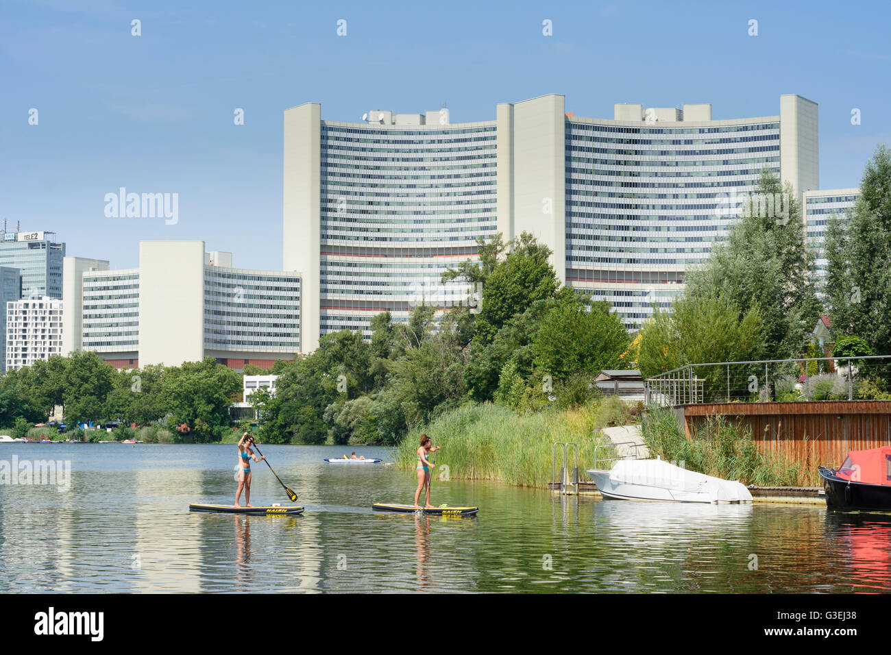 Teich Kaiserwasser, UN-Gebäude, standup Paddler, Österreich, Wien, 22., Wien, Wien Stockfoto