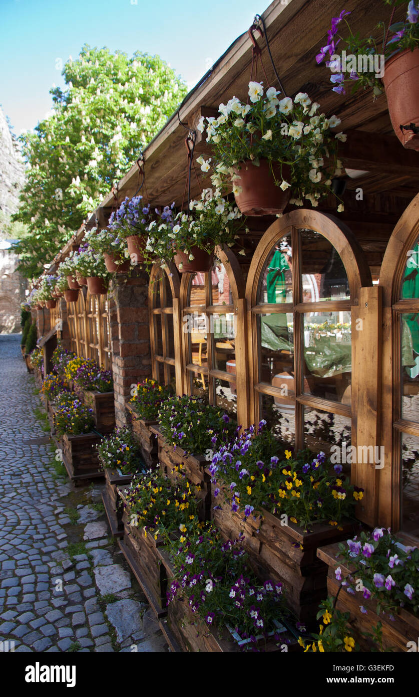 Nizza-Restaurant mit vielen Blumen am See Matka Stockfoto