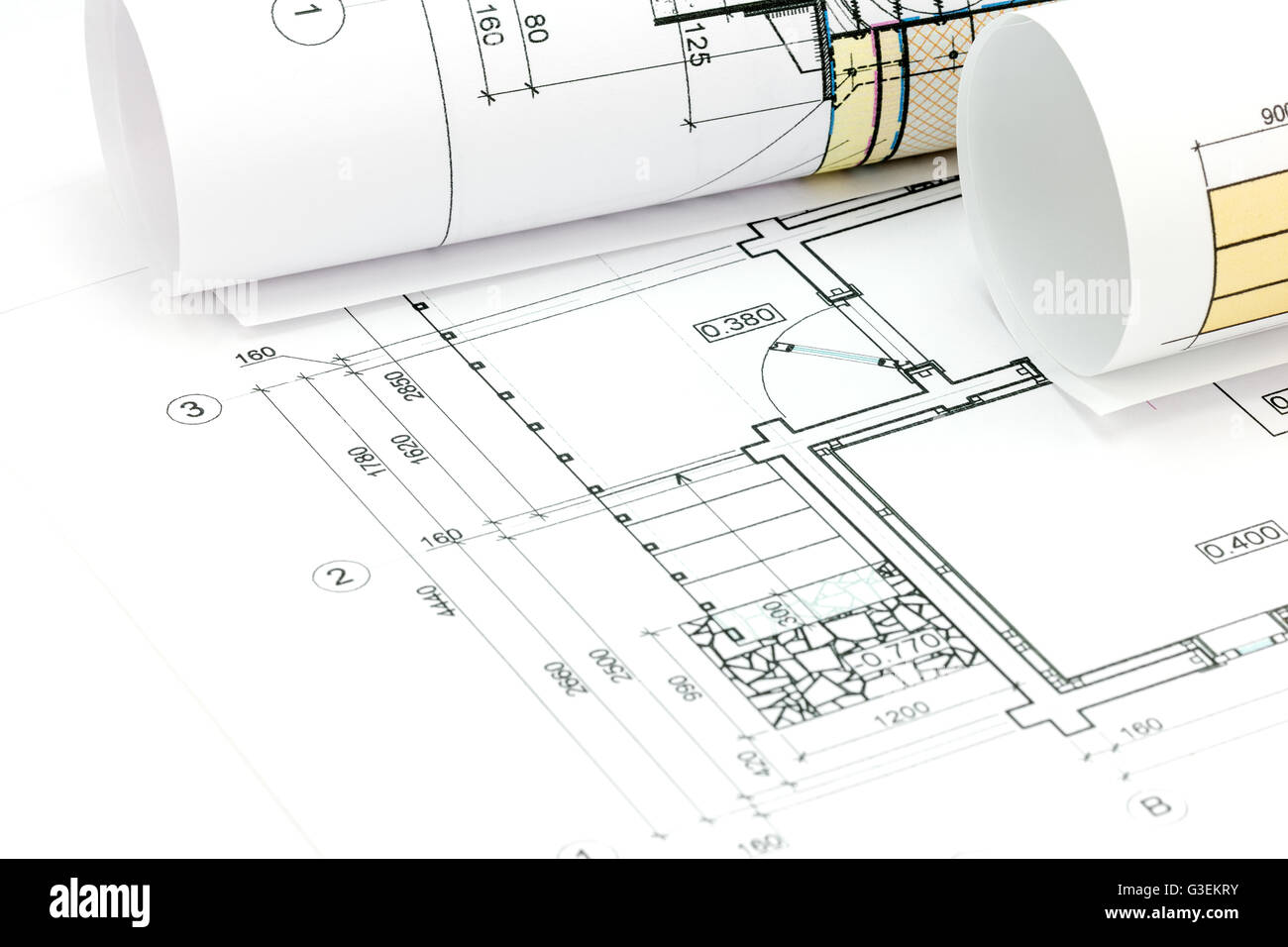 Architekturplan, Walzen und technische Projektzeichnung Stockfoto