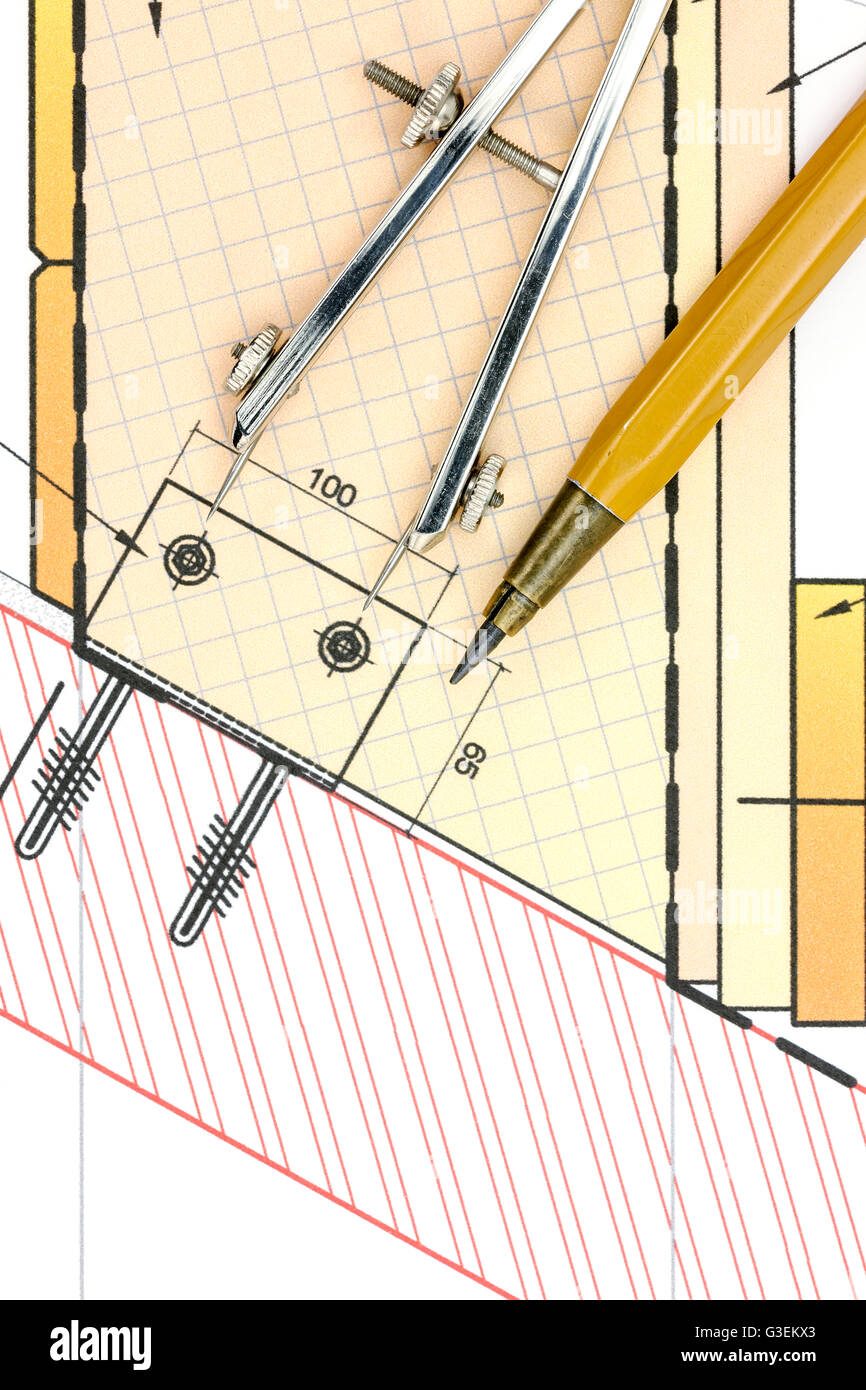 technische Blaupause mit Zeichnung Draufsicht Werkzeuge Stockfoto