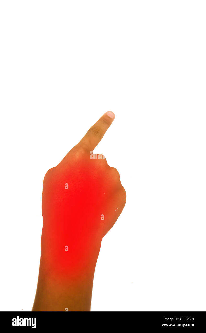 Punkt der Kinder Finger mit rot und Schmerzen auf weißem Hintergrund Stockfoto