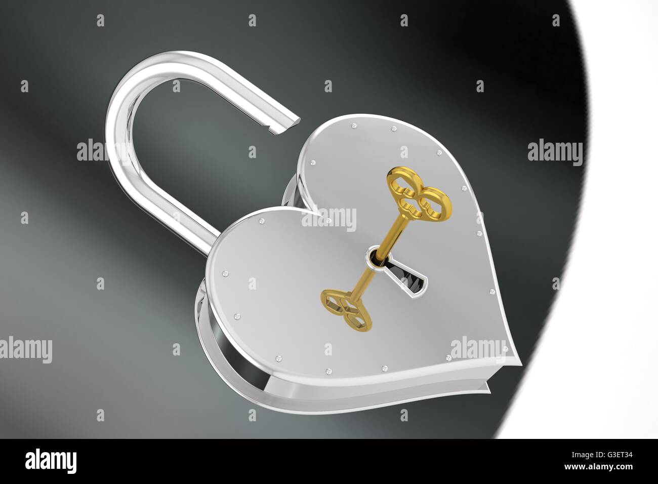 3D Abbildung Schloss in Herzform geöffneten Schlüssel. Stockfoto