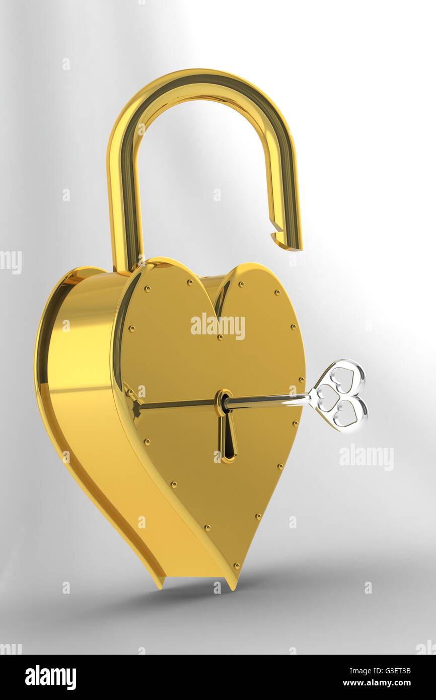3D Abbildung Schloss in Herzform geöffneten Schlüssel. Stockfoto