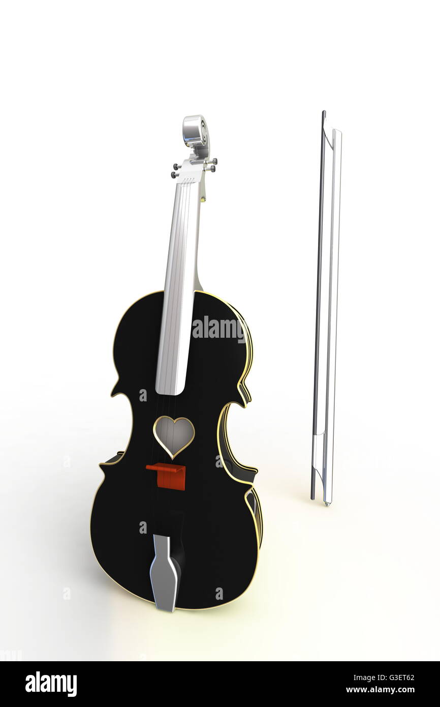 3D Abbildung einer Geige, Musikinstrument Stil für Valentinstagskarten mit Herz. Stockfoto