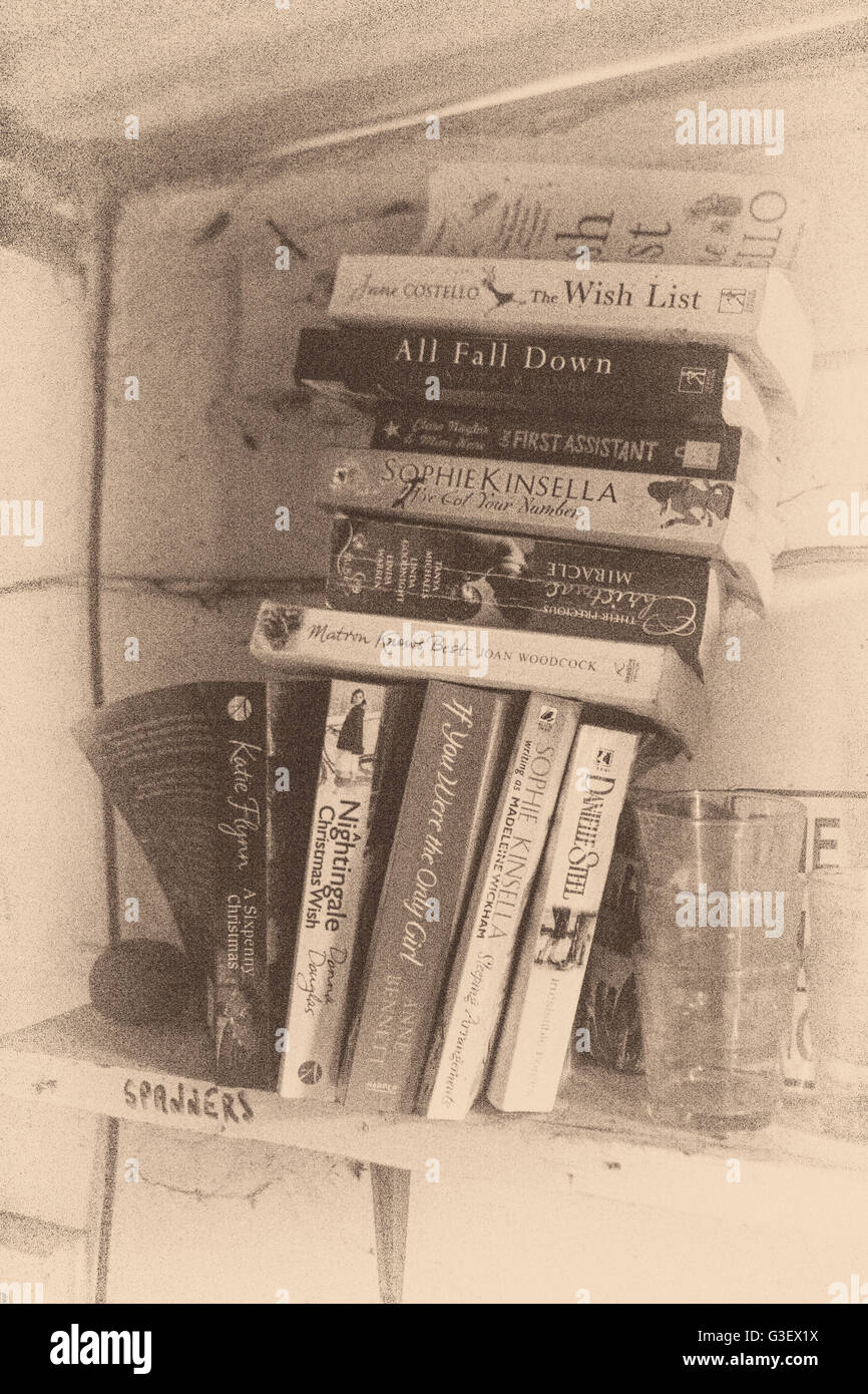 Alte Bücher in einem Regal stapeln Stockfoto
