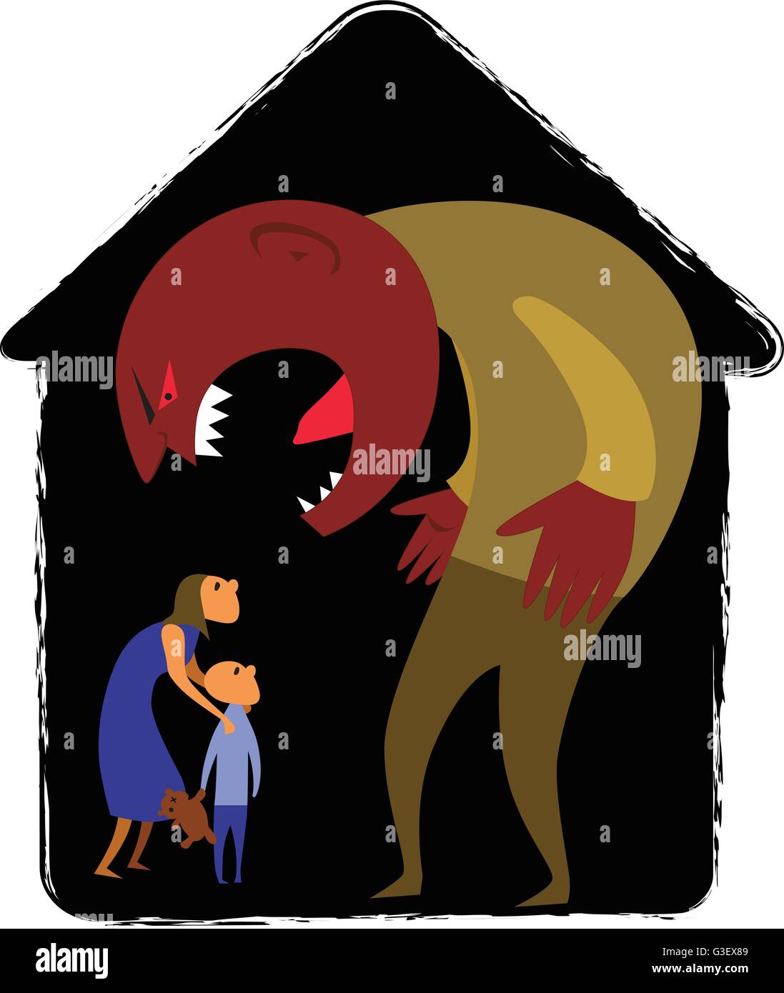 Häuslicher Gewalt. Männliche Monster schreien an Frau und Kind vertreten häuslicher Gewalt, abstrakte Haus Hintergrund Stock Vektor