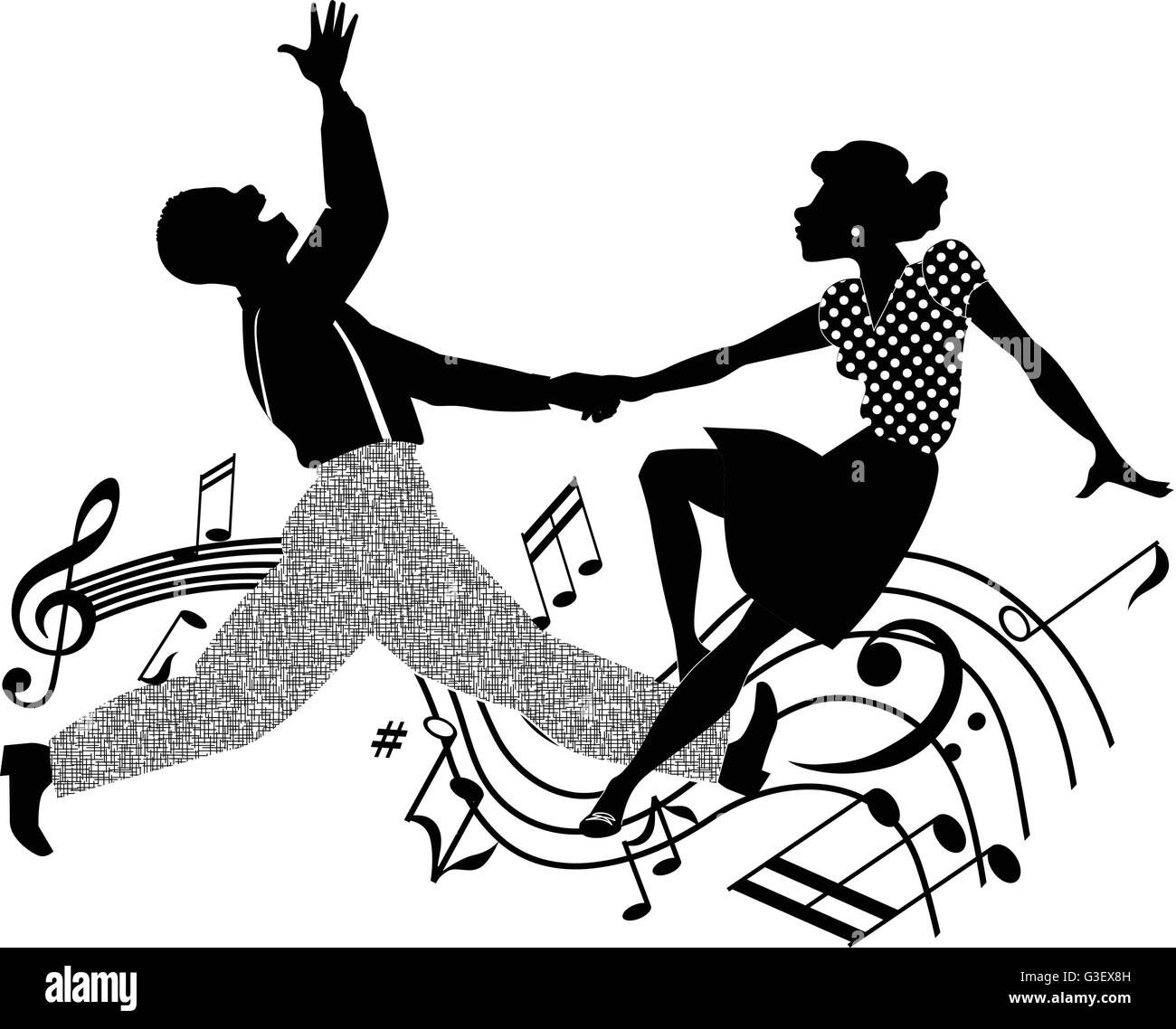 African-American Paare tanzen Swing oder Rock And Roll, schwarz-weiß Vektor Stock Vektor