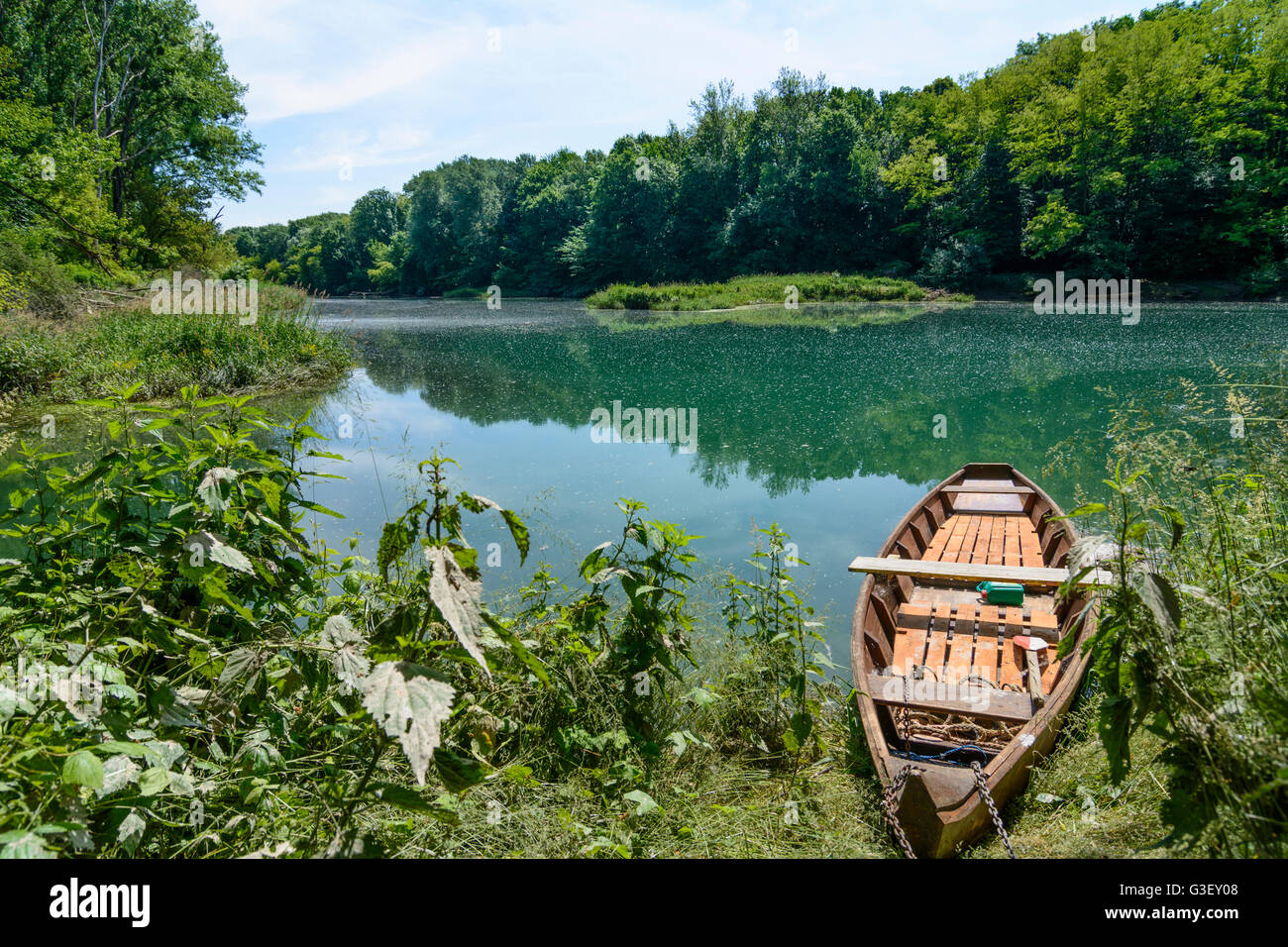 Oxbow See der Donau im Nationalpark Donauauen, Angelboot/Fischerboot, Österreich, Niederösterreich, Niederösterreich, Donau, Haslau-Mari Stockfoto