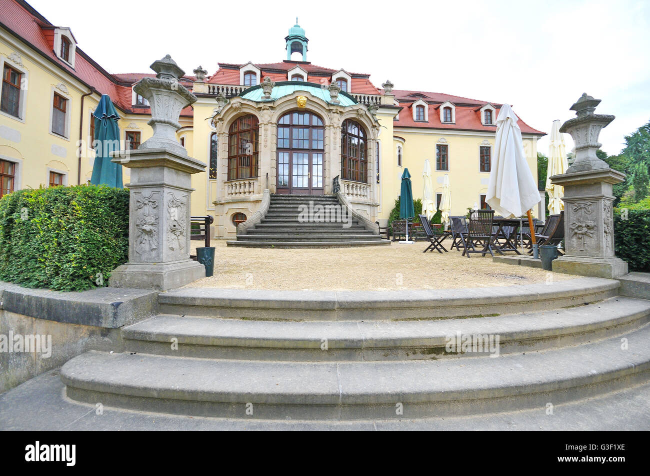 Deutschland, Sachsen, Meißen, Proschwitzer Schloss, Terrasse, Pavillon, Gastronomie, Stockfoto