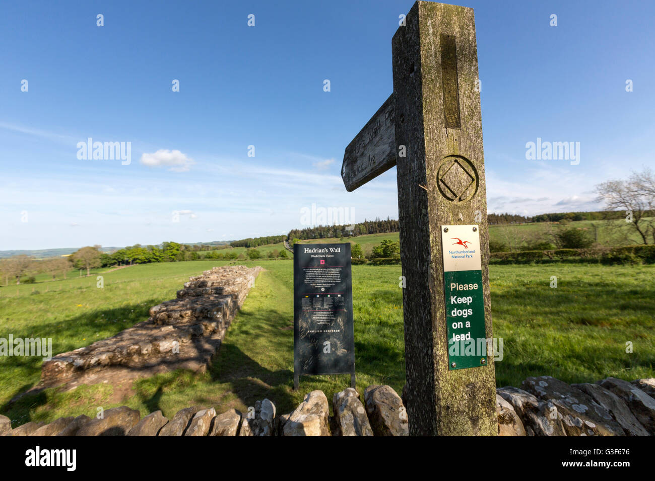 Holz Schild zum Hadrianswall, Nationalpark Northumberland, England Stockfoto