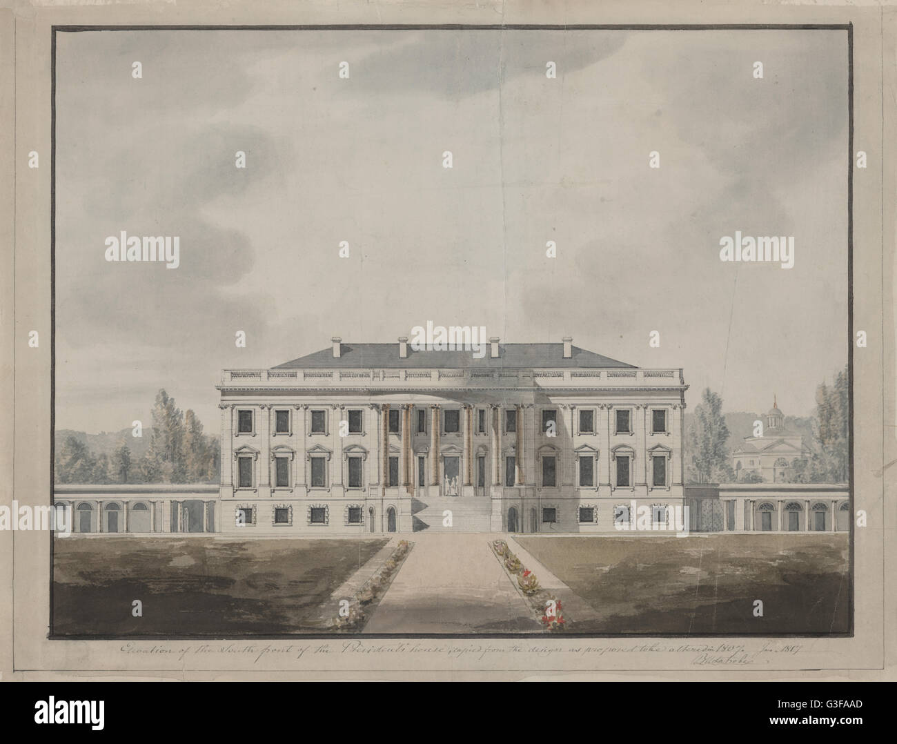 Das weiße Haus in Washington, DC, Süden Vorderansicht. Zeichnung von Benjamin H. Latrobe Stockfoto