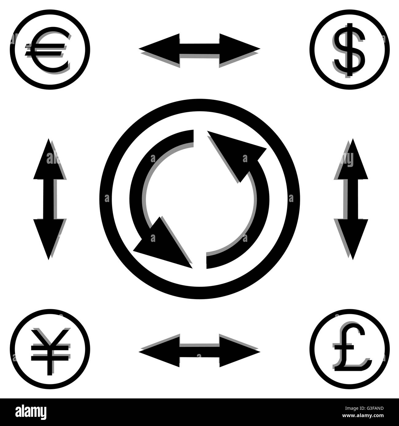 Schwarz / Weiß-Vektor-Illustration der Währungsumrechnung der vier großen internationalen Währung Stock Vektor