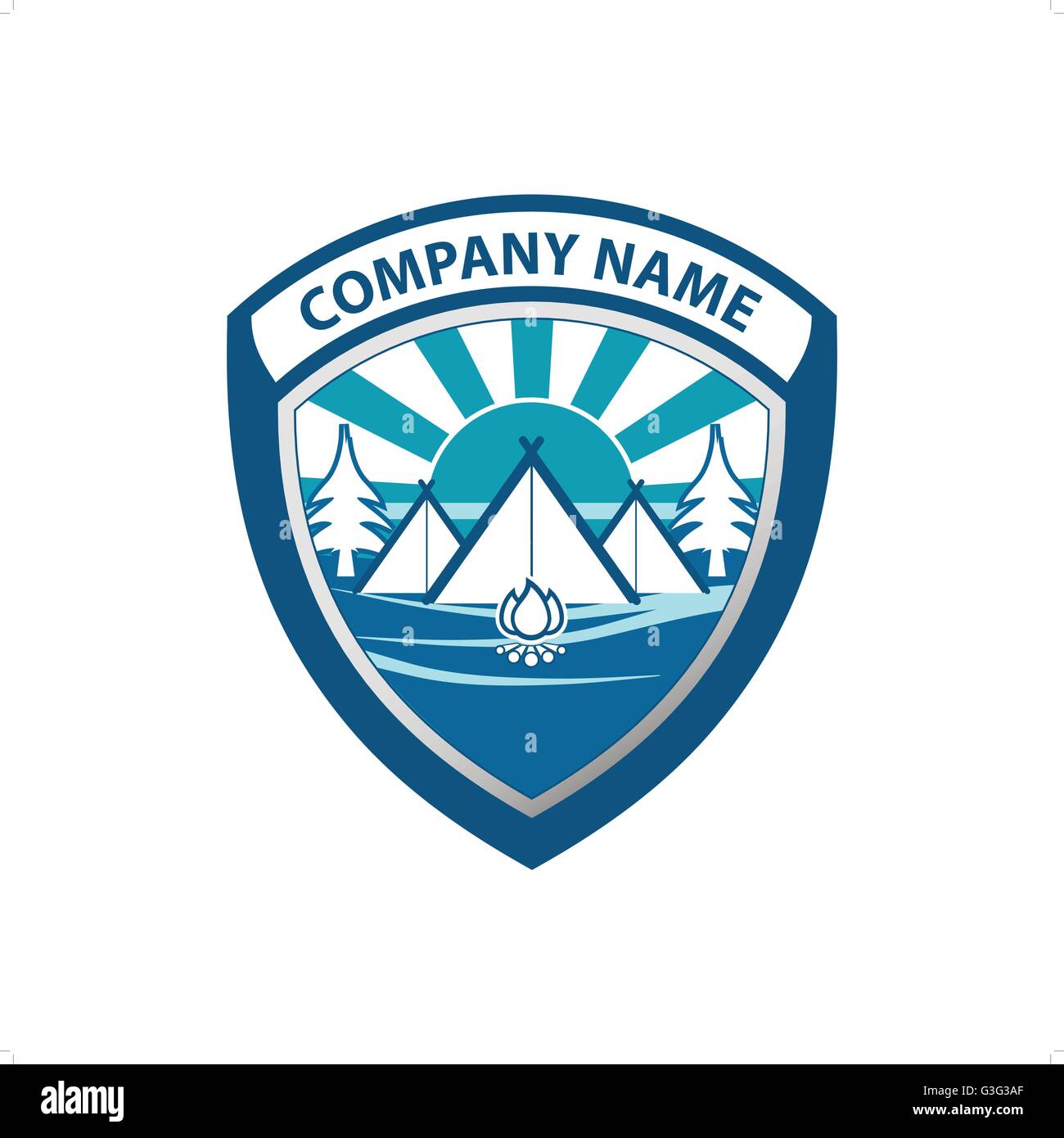 Wintersport, camping-Logo mit Namen Sonne Landschaft Bäume Lagerfeuer und camp Vektor-Illustration isoliert auf weißem Hintergrund. Stock Vektor