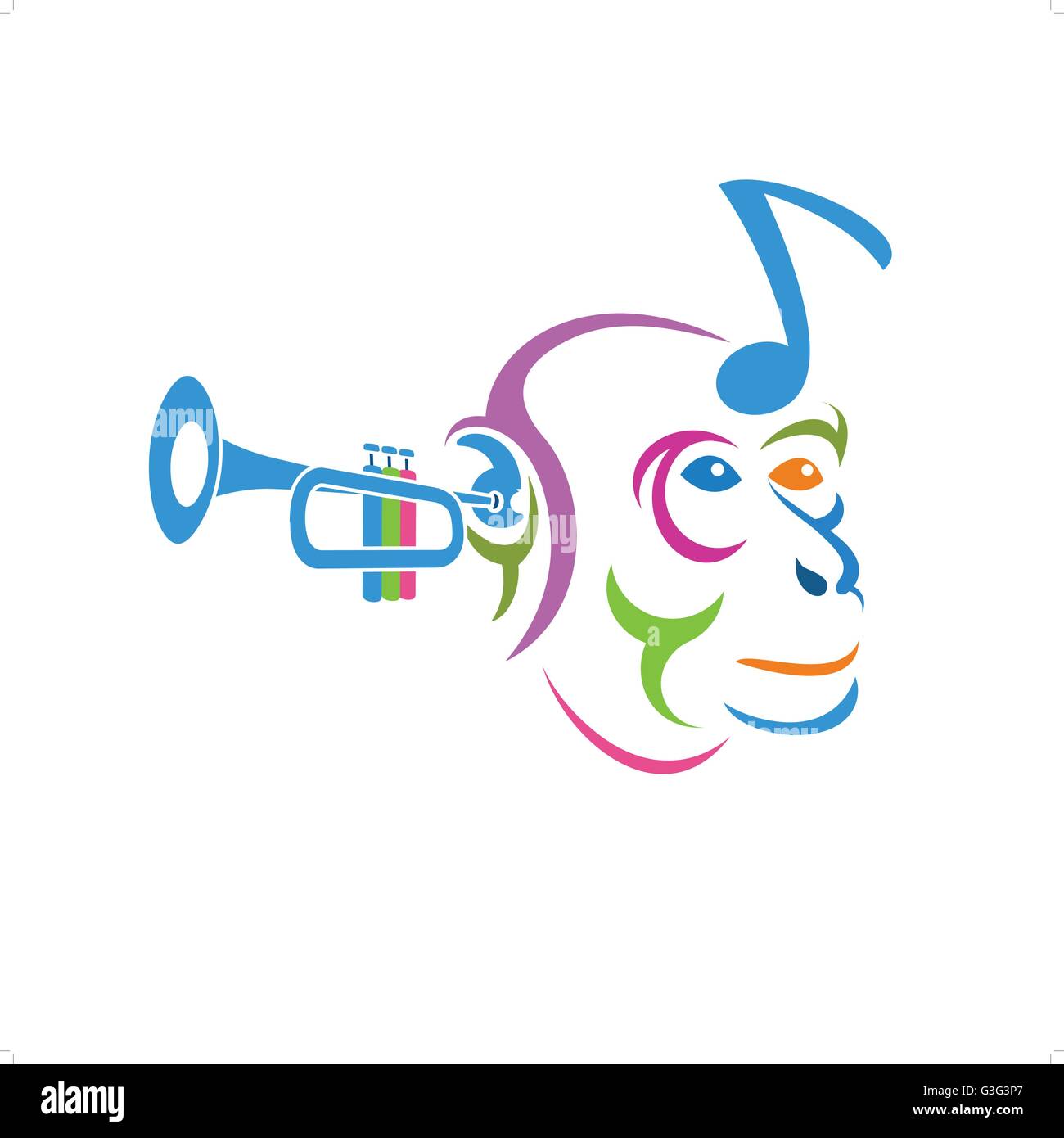Schöne nette und bunte musikalische Affenkopf Vektor-Illustration isoliert auf weißem Hintergrund. Stock Vektor