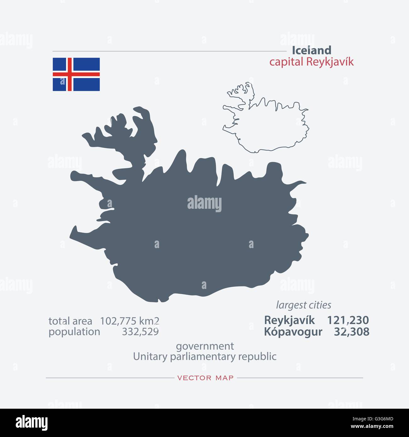 Republik Island isoliert Karten und offizielle Flaggen-Symbol. Vektor-Isländer politischen Kartensymbole mit allgemeinen Informationen. Nordic Stock Vektor