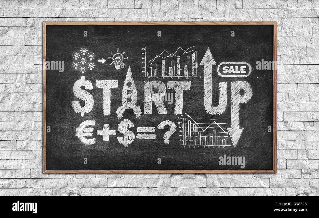 Tafel mit Zeichnung starten Konzept Konzept. Ziegelmauer Stockfoto