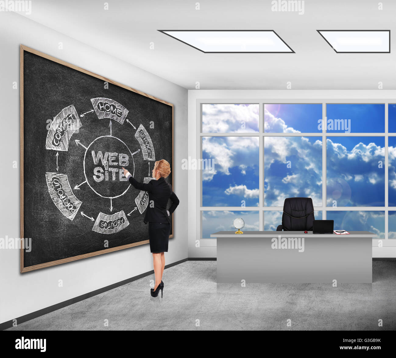 Geschäftsfrau im Klassenzimmer auf Tafel mit Zeichnung Schema Webseite Stockfoto