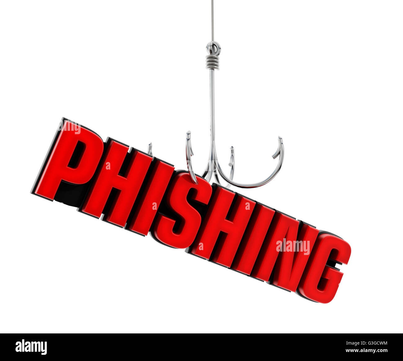 Phishing-Wort am Ende der Angelhaken. 3D Illustration. Stockfoto