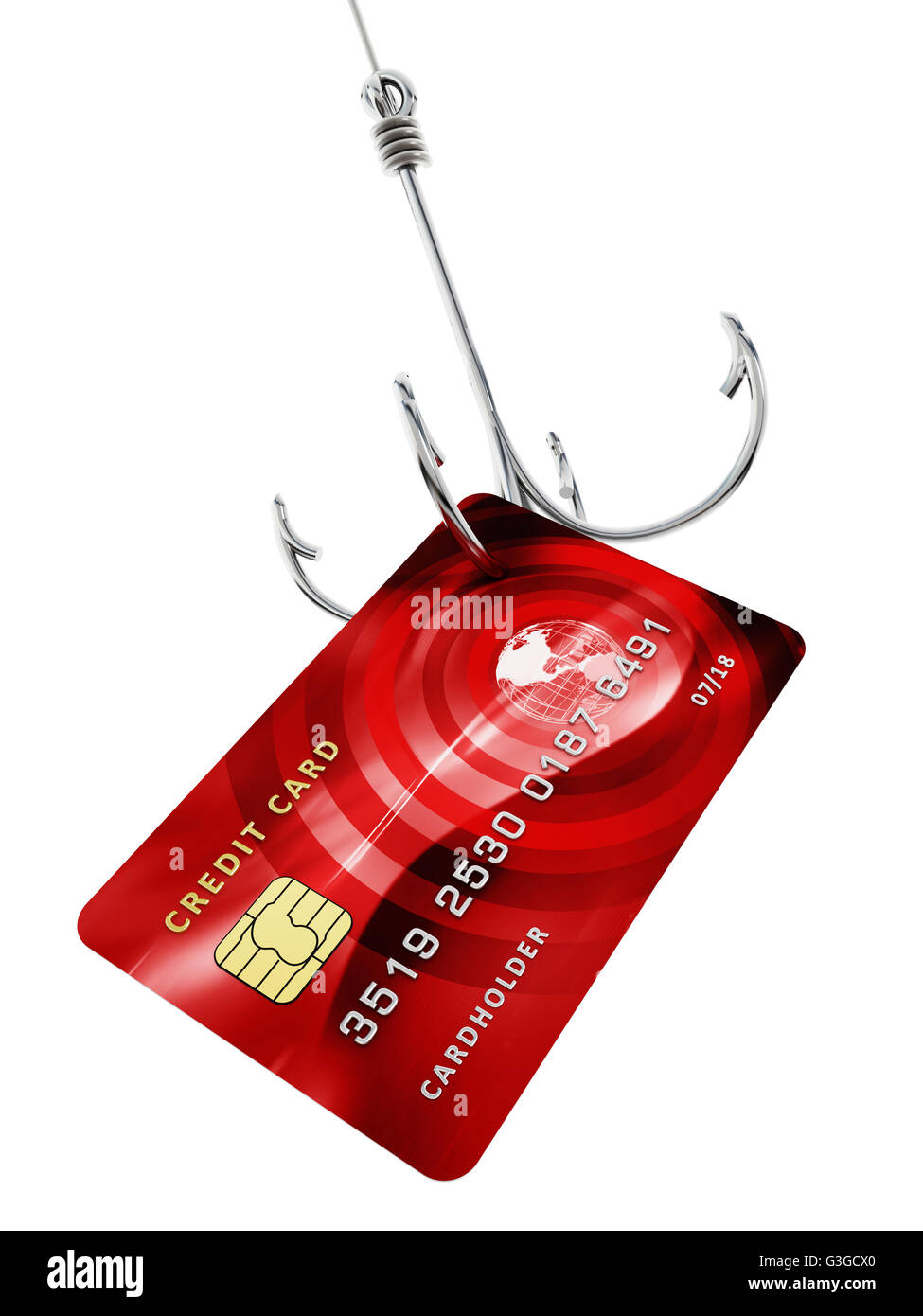 Kreditkarte am Ende des Angelhaken. 3D Illustration. Stockfoto