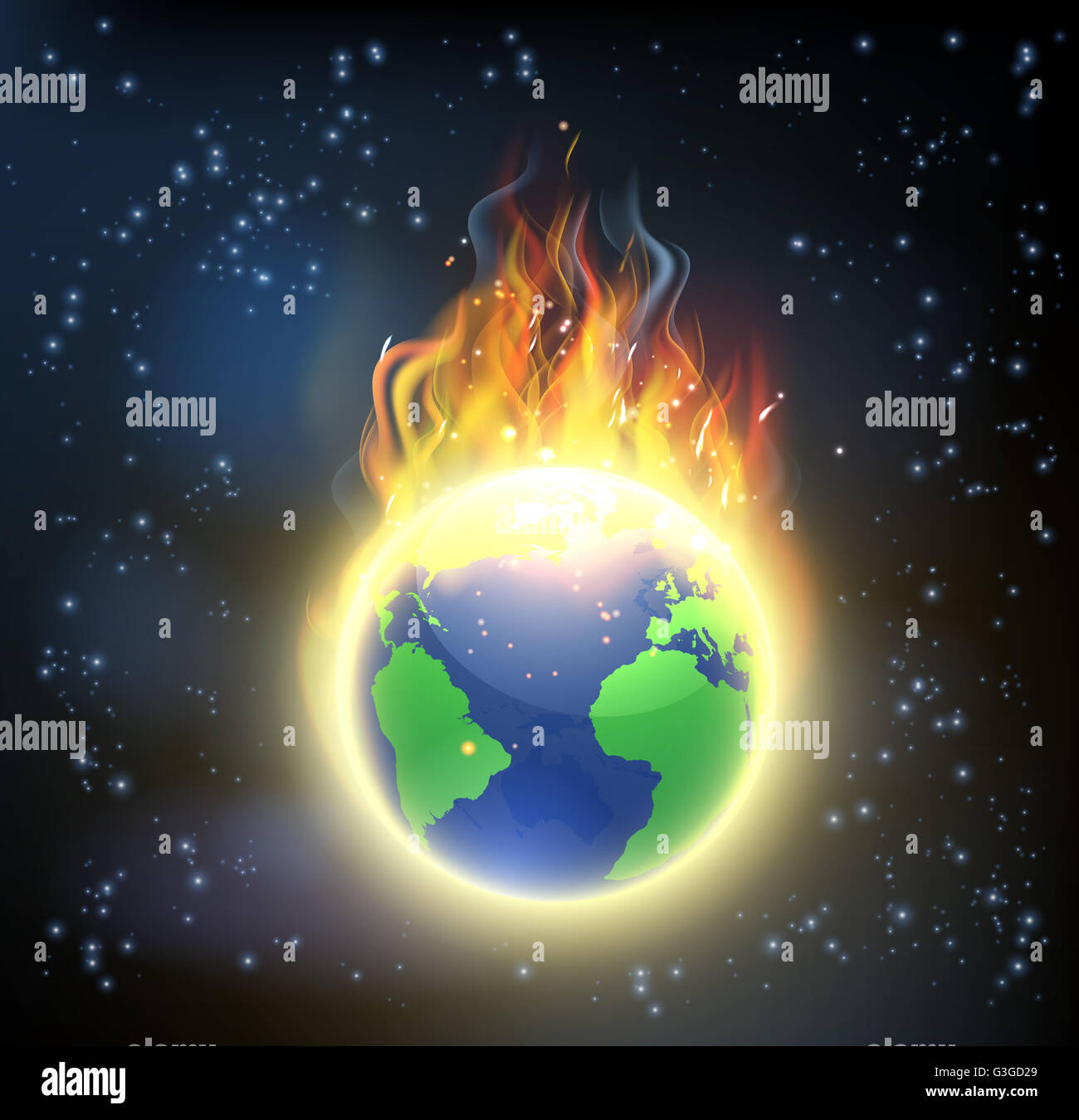 Die Erde-Weltkugel auf Feuer, Konzept für Klimawandel, globale Erwärmung oder anderen Katastrophen Stockfoto