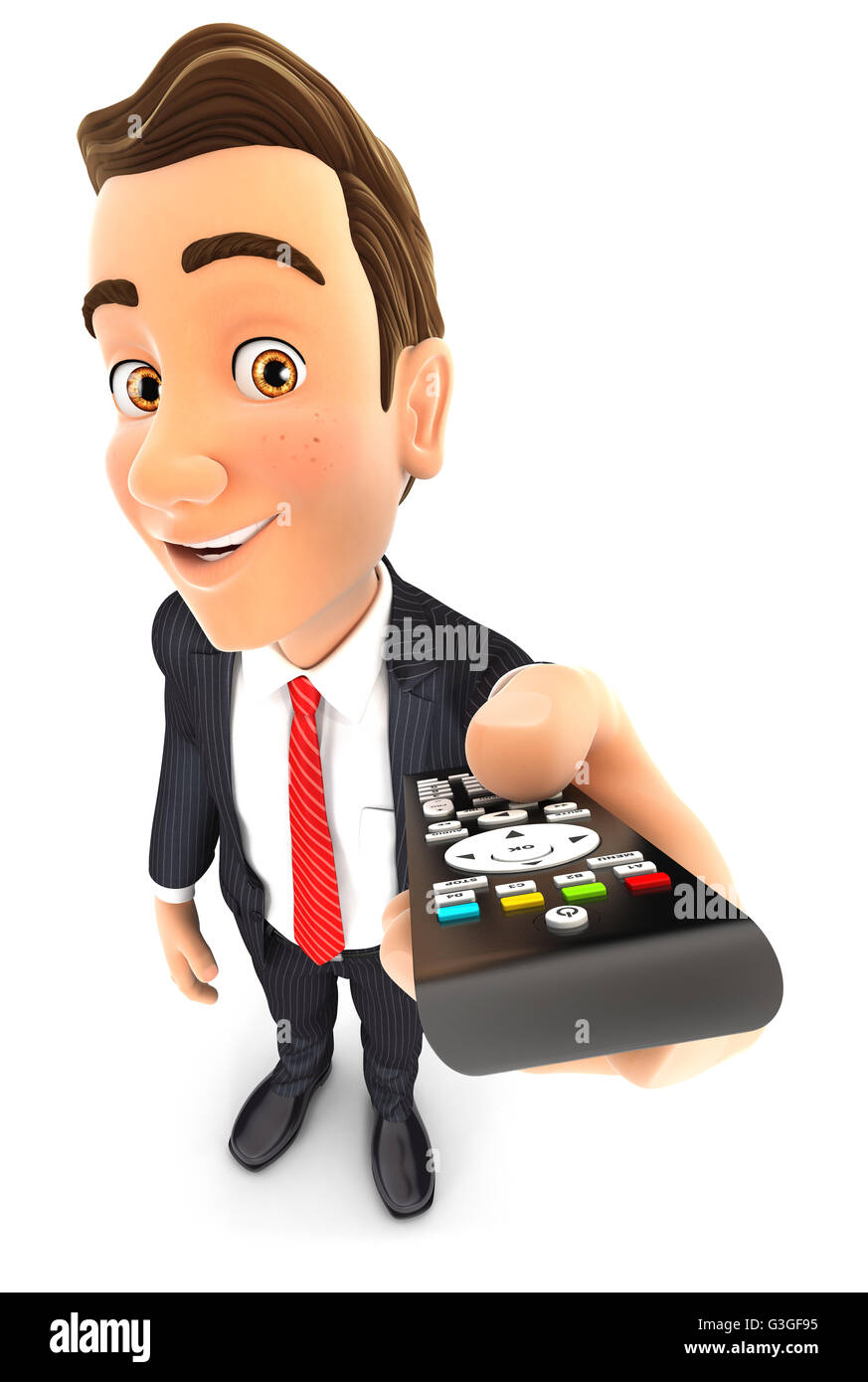 3D Geschäftsmann hält TV-Fernbedienung, Abbildung mit isolierten weißen Hintergrund Stockfoto