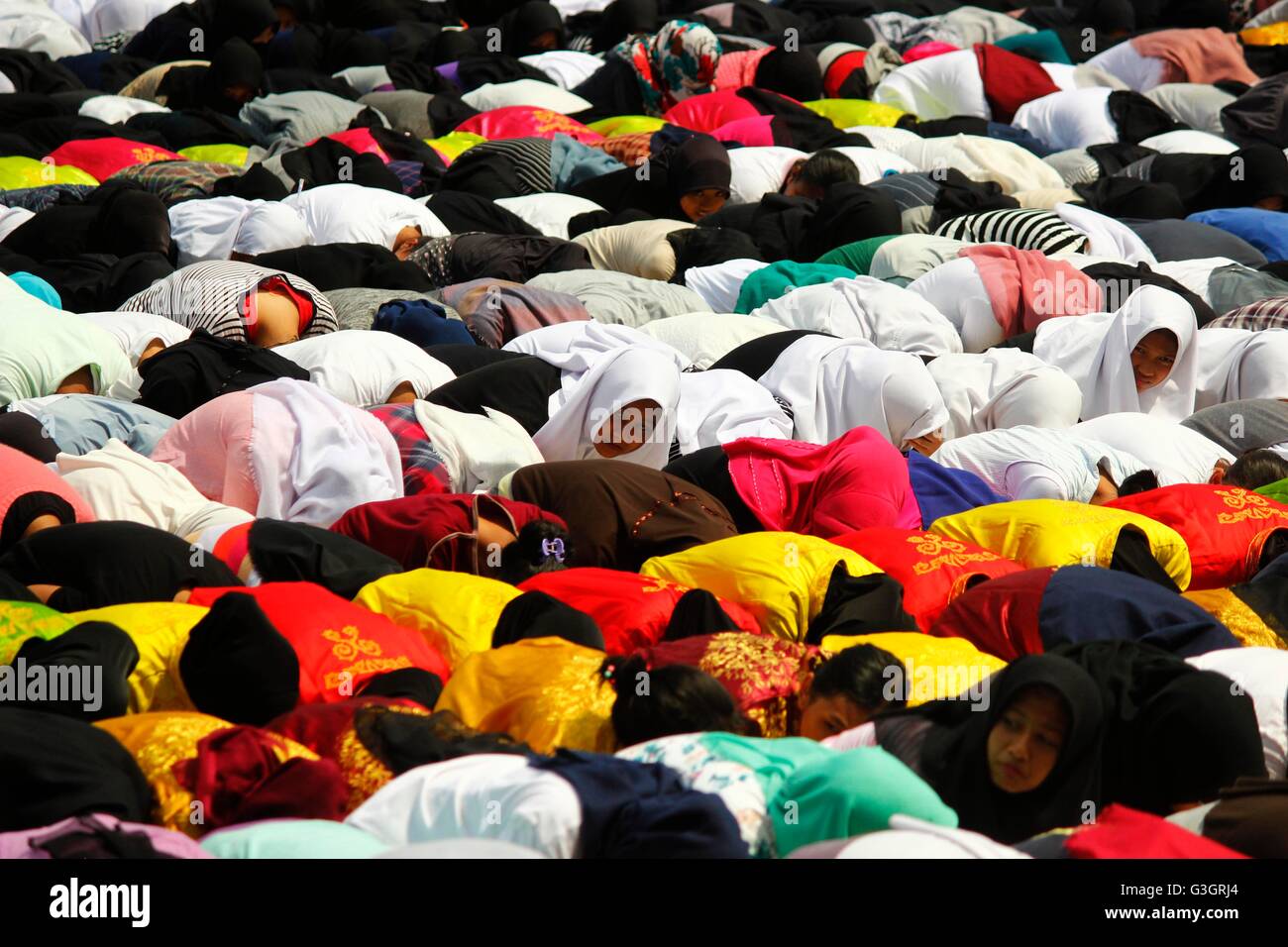 Ost-Jakarta, Indonesien. 24. April 2016. 6.600 Studenten tanzen freiwillig "Ratoh Jaroe" um den Rekord zu brechen, in Jakarta, Indonesien. Ratoh Jaroe ist einer der beliebtesten Tänze in Indonesien. Seine Herkunft ist aus der Aceh ethnische Gruppe aus der Provinz Aceh, Sumatra, und wird normalerweise durchgeführt, um wichtige Anlässe feiern. Der Tanz zeichnet sich durch seinen schnellen Rhythmus und gemeinsame Harmonie zwischen den Tänzern. © Risa Krisadhi/Pacific Press/Alamy Live-Nachrichten Stockfoto