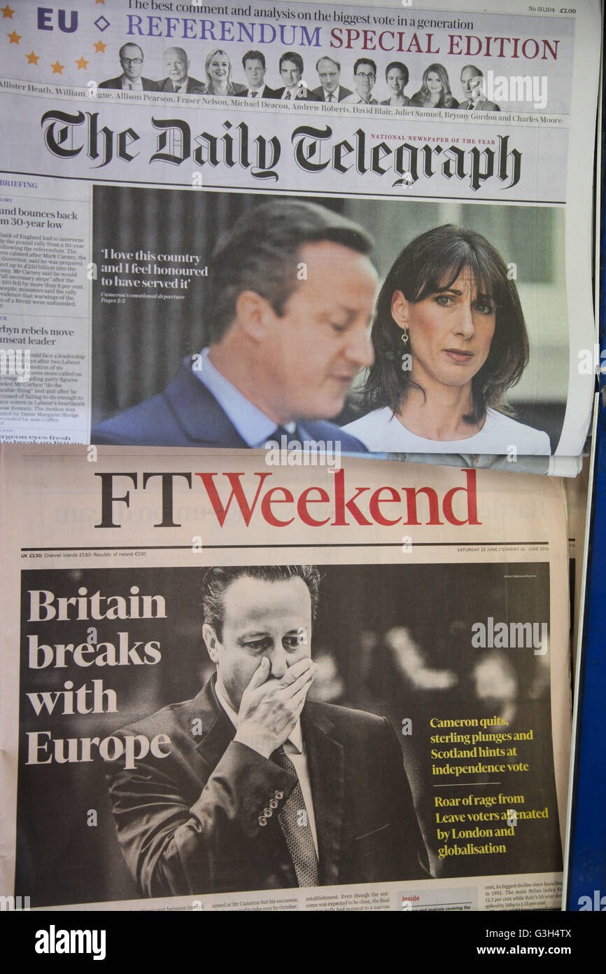 London, UK 25. Juni 2016 - Schlagzeile Daily Express und FT Wochenende Zeitung am Morgen nach der britischen EU-Referendum-Ergebnisse und David Camerons Resignation. Bildnachweis: Dinendra Haria/Alamy Live-Nachrichten Stockfoto