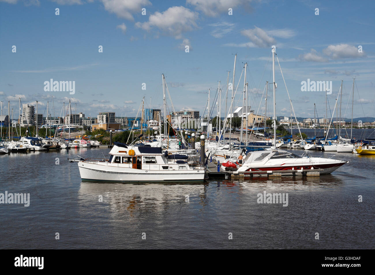 Segelboote, die auf der Lagune von Cardiff Bay in Wales UK festgemacht sind, viele Freizeitboote Stockfoto