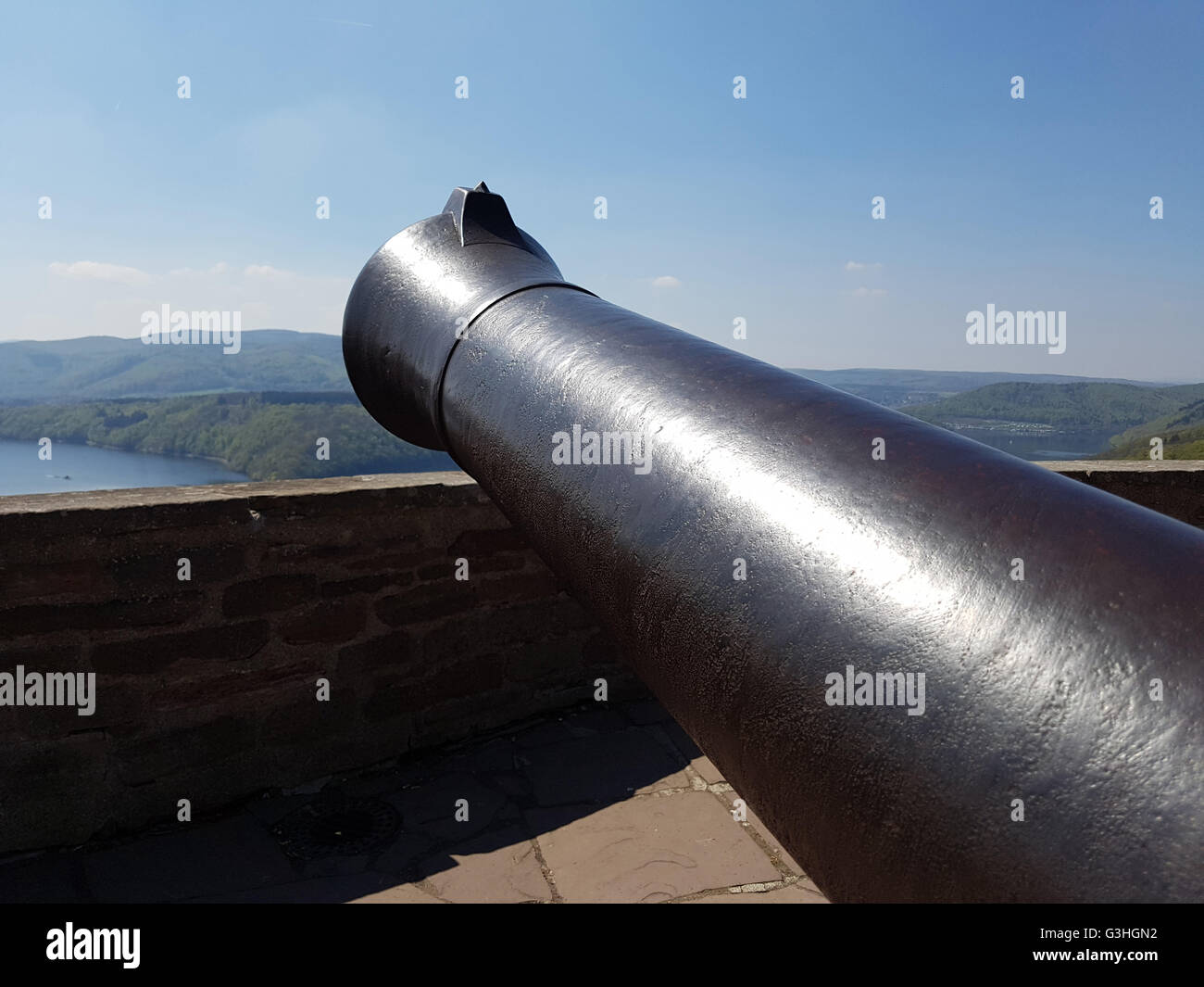 Katapultiert, Schloss Burg, Waldeck, Geschuetze Stockfoto