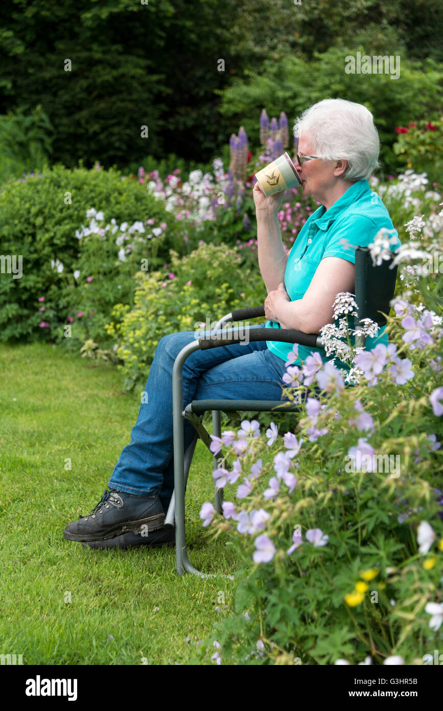 Eine reife Frau sitzt in einem Gartenstuhl, trinken aus einem Becher Tee, umgeben von Sommerblumen. Stockfoto