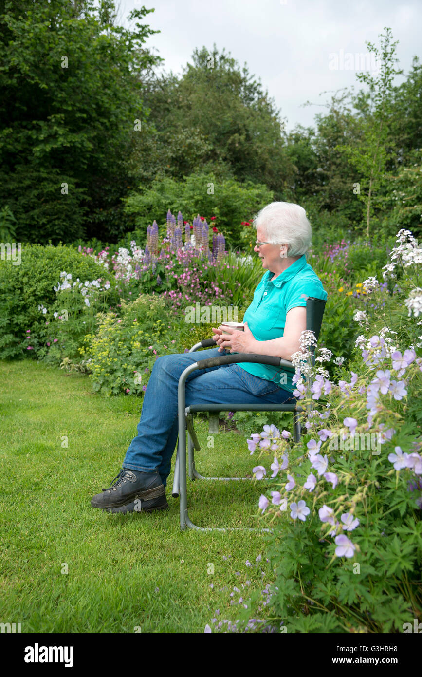 Eine reife Frau sitzt in einem Landschaftsgarten voller Blumenrabatten umgeben. Sie sitzt mit einer Tasse Tee entspannen. Stockfoto