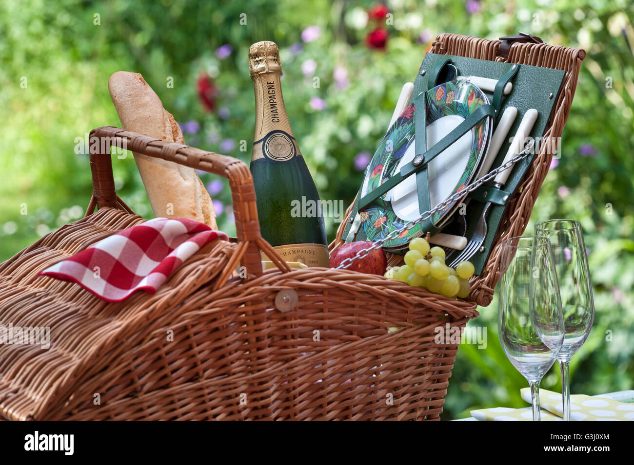 Französischer Champagner Flasche Baguette Trauben und Picknickkorb in sonnigen floral im freien Fall Stockfoto