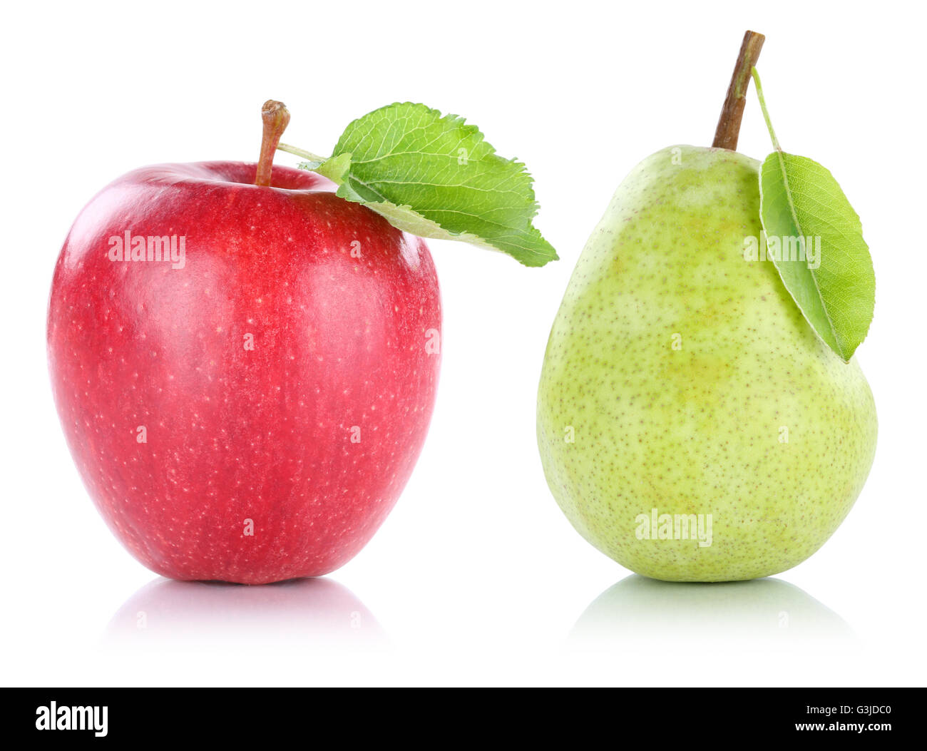 Apfel und Birne Frucht Früchte auf einem weißen Hintergrund isoliert Stockfoto