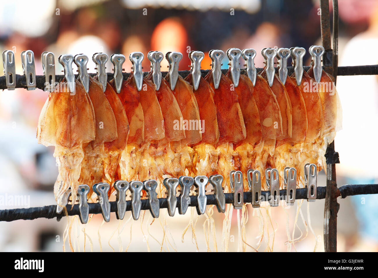 Getrockneten Tintenfisch für Grill auf street Food aus Thailand Stockfoto