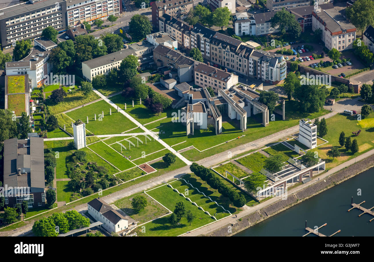 Luftaufnahme, jüdische Gemeinde Duisburg-Mülheim-Oberhausen K.d.ö.R in Form eines aufgeschlagenen Buches, Innenhafen, Duisburg Stockfoto