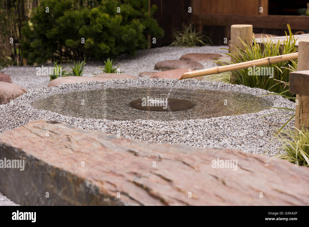 Harrogate Spring Flower Show 2016 North Yorkshire, England) - traditionelle japanische Wasserspiel im Garten "Tea For Two". Stockfoto